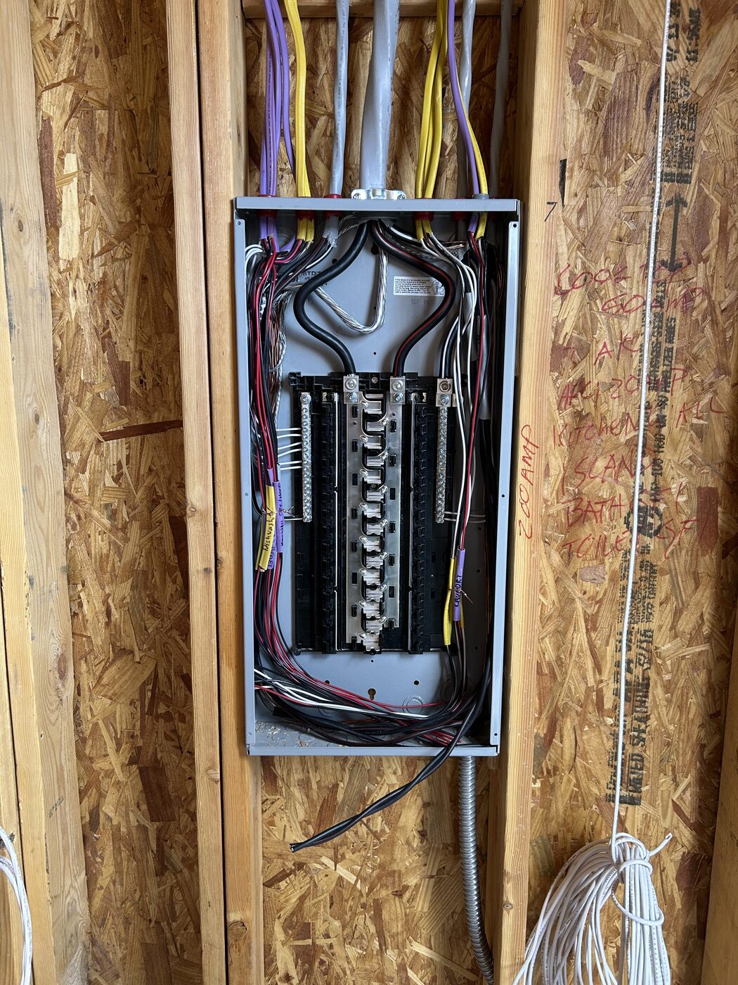 New 200 amp panel installed in a new construction home with circuit notes